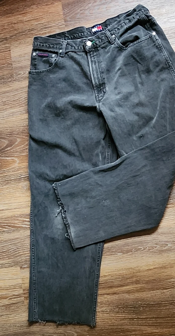VTG Y2K TOMMY HILFIGER Baggy Wide Leg Carpenter Black Jeans Raw Hem Sz W36x32